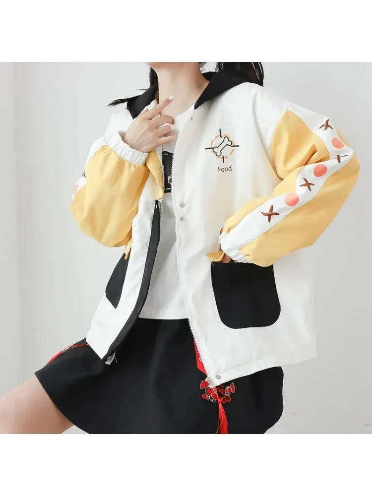 Shiba Inu Embroidery Harajuku Kawaii Women Hooded Quilted Coats Winter Long Sleeve Ladies Cotton Liner Jackets Outwears