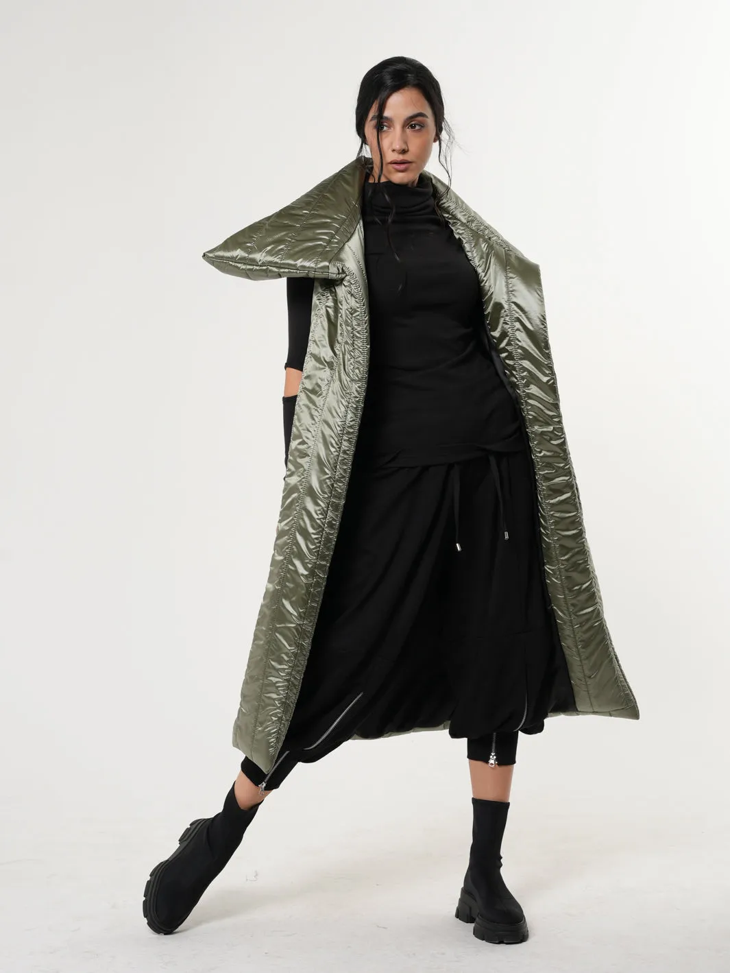 Shiny Green Long Puffer Vest