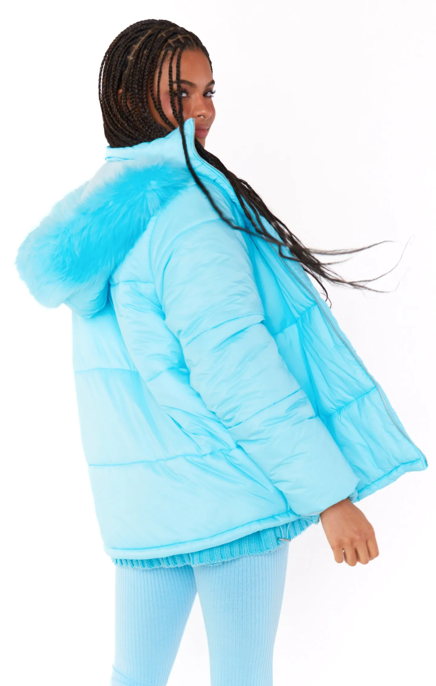 Snowbird Puffer Jacket ~ Powder Blue with Faux Fur