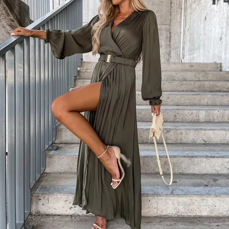 Solid Pleated Slit Trendy Cocktail Party Dress