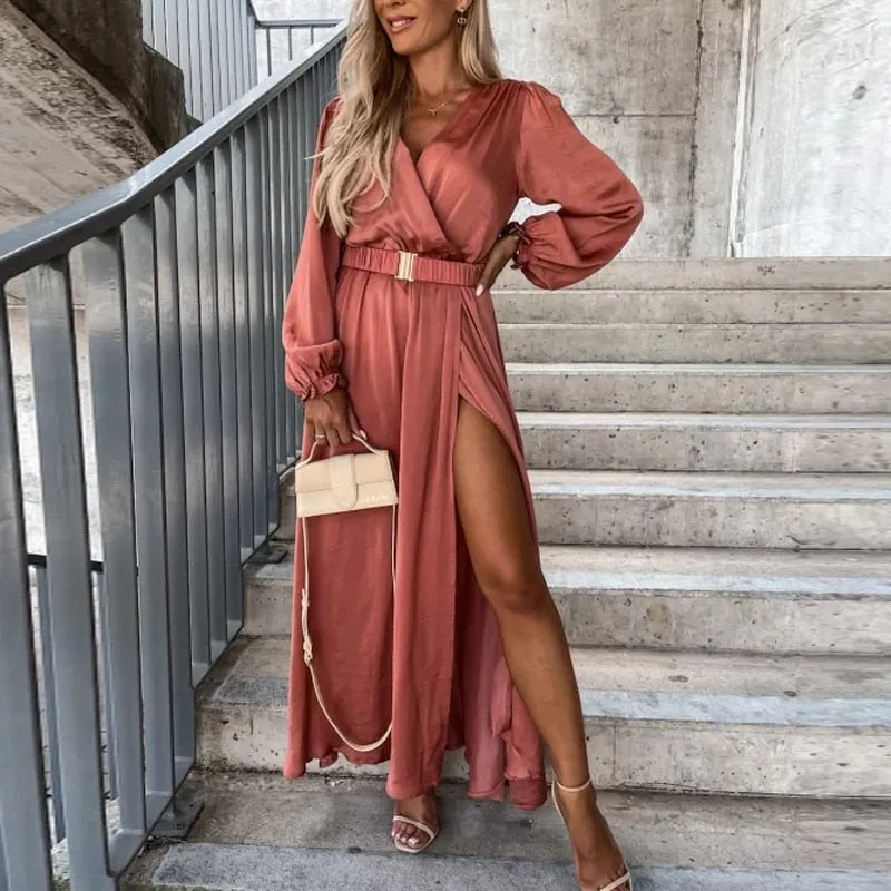 Solid Pleated Slit Trendy Cocktail Party Dress