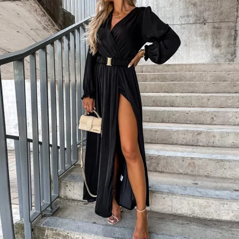 Solid Pleated Slit Trendy Cocktail Party Dress