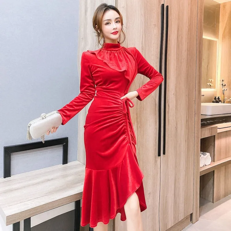 Stand Collar Long Trendy Sleeve Purple Velvet Dress