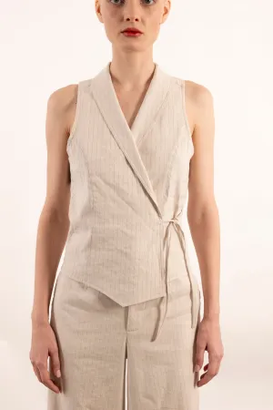 Stretch Pin Stripe Linen Shawl Collar Wrap Vest - YUKI