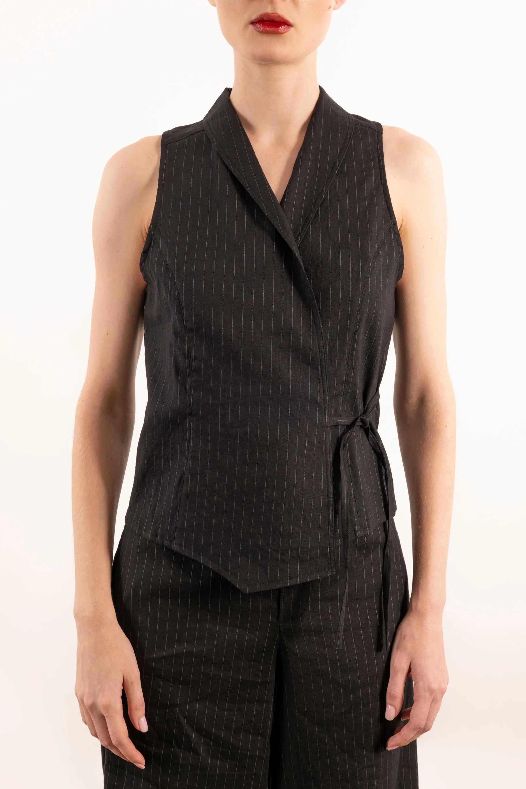 Stretch Pin Stripe Linen Shawl Collar Wrap Vest - YUKI