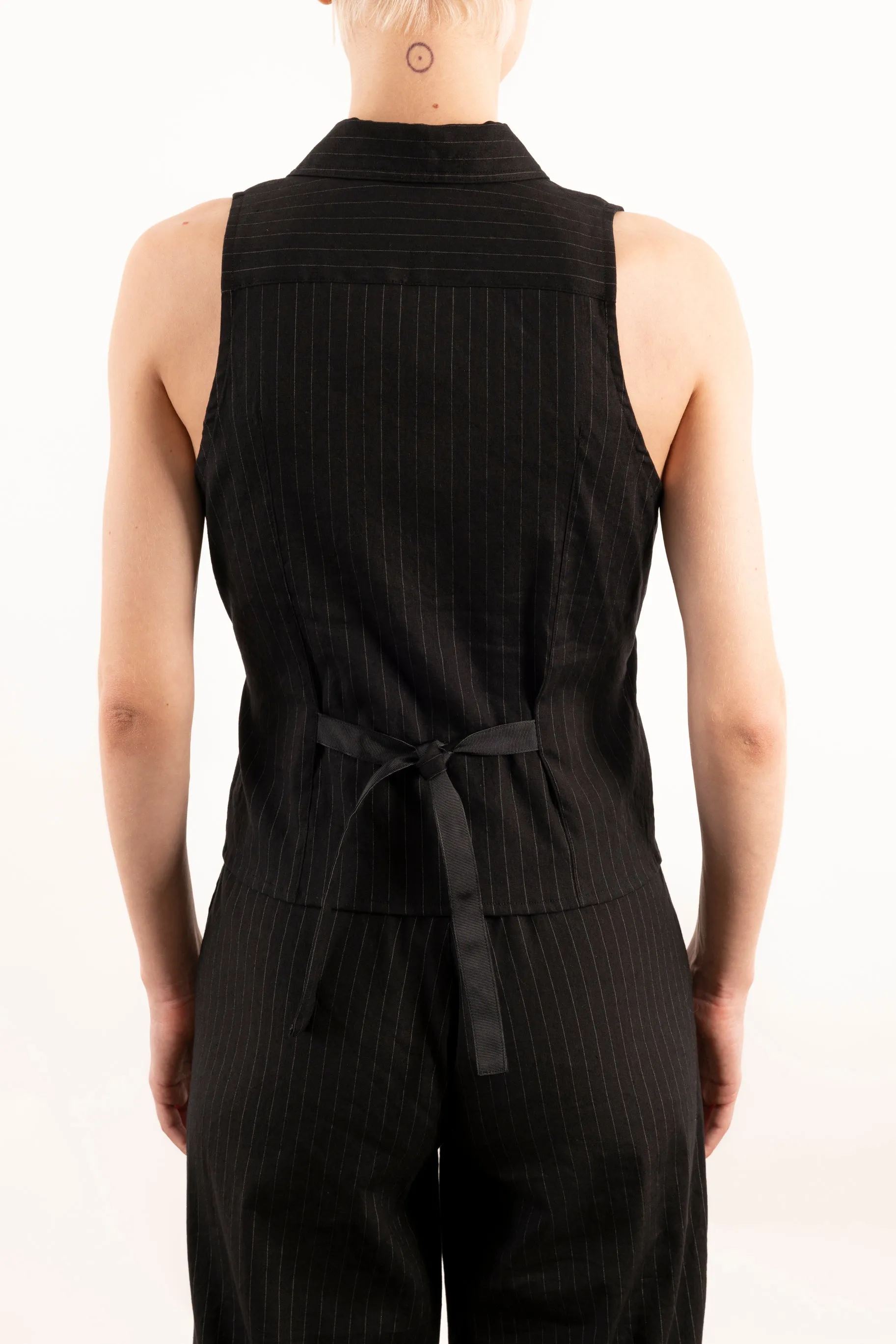 Stretch Pin Stripe Linen Shawl Collar Wrap Vest - YUKI