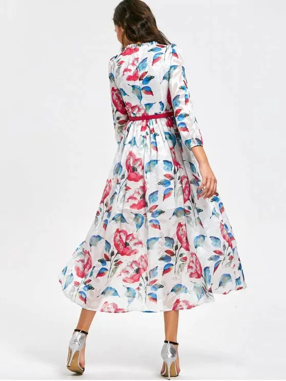 TastyHottie - Trendy High Waist Flower Print Belted Dress