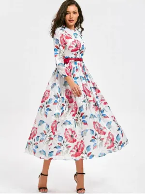 TastyHottie - Trendy High Waist Flower Print Belted Dress