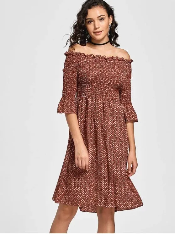 TastyHottie - Trendy Tiny Floral Smocked Off Shoulder Midi Dress