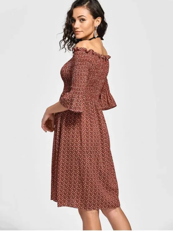 TastyHottie - Trendy Tiny Floral Smocked Off Shoulder Midi Dress