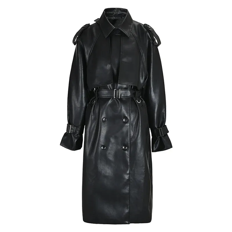 Trend Men's Leather Long Coat Korean Style Mid Length Silhouette Knee High Trench Niche Design Premium Pu Overcoat CPG0464