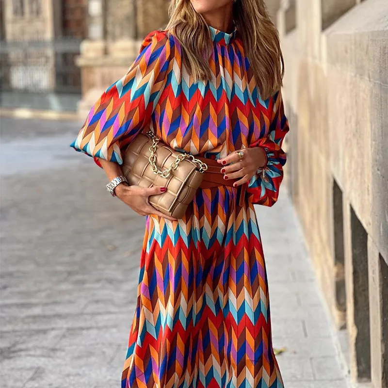 Trendy Geometric Print Long Sleeve Midi Dress Wholesale Dresses