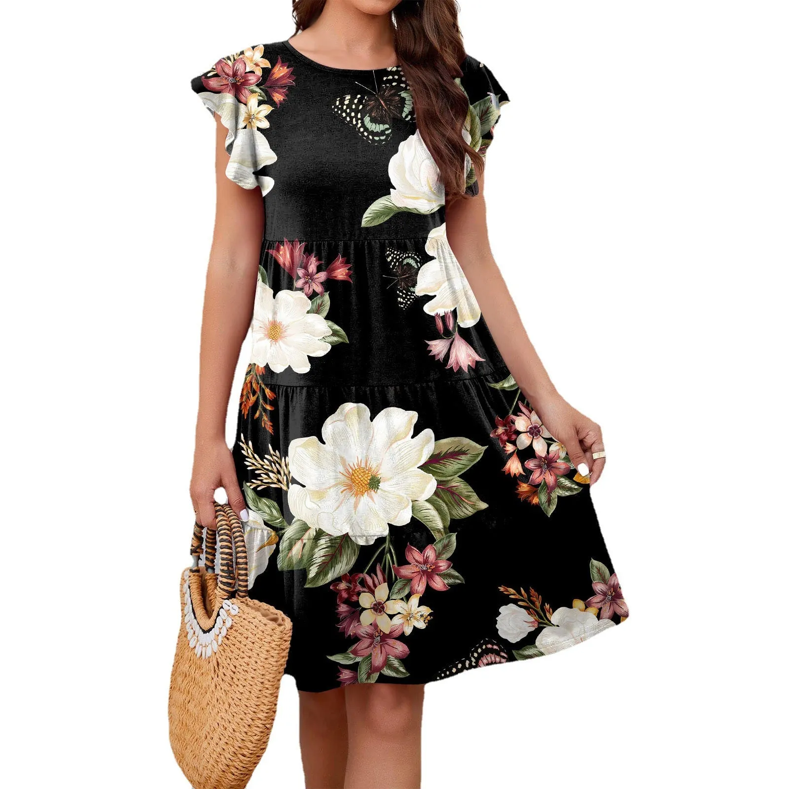 Unique Trendy Printed Cake Flounced Sleeve Dresses