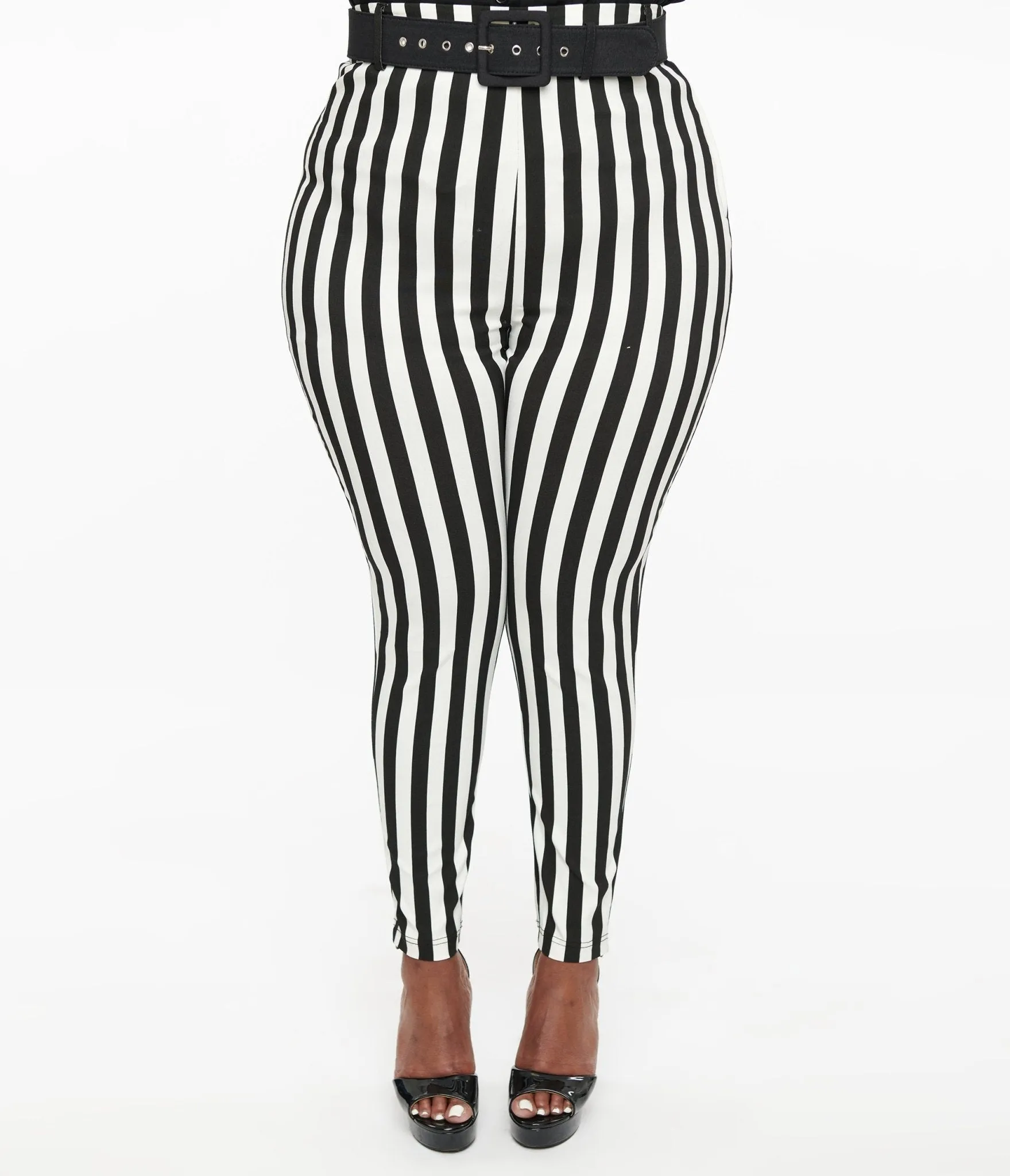 Unique Vintage Plus Size Black & White Stripe Belted Rizzo Cigarette Pants