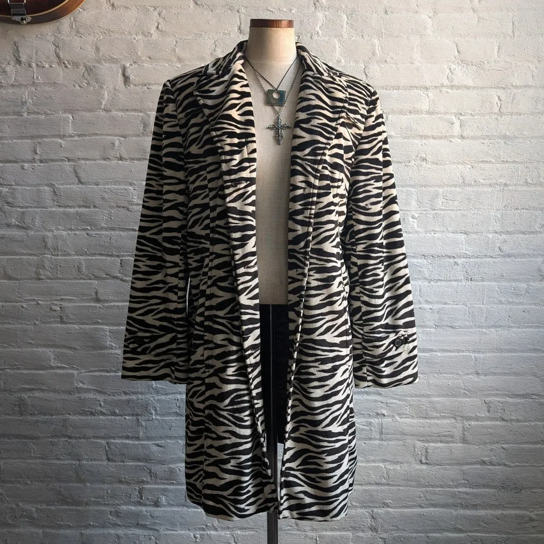 Vintage Black Striped Fuzzy Trench Coat Zebra Tiger Animal Print Teddy Jacket