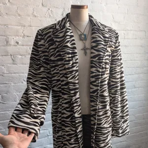 Vintage Black Striped Fuzzy Trench Coat Zebra Tiger Animal Print Teddy Jacket