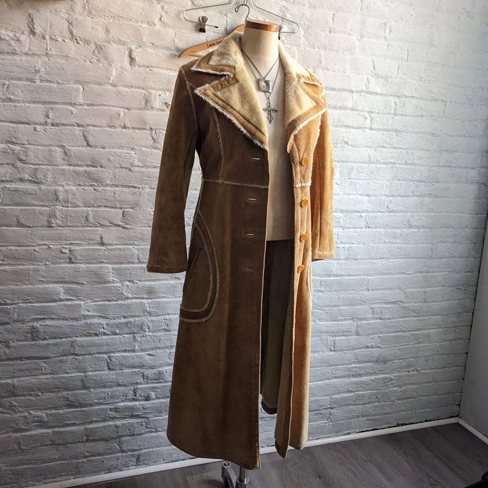 Vintage Genuine Suede Leather Penny Lane Duster Groovy Furry Trench Coat Jacket