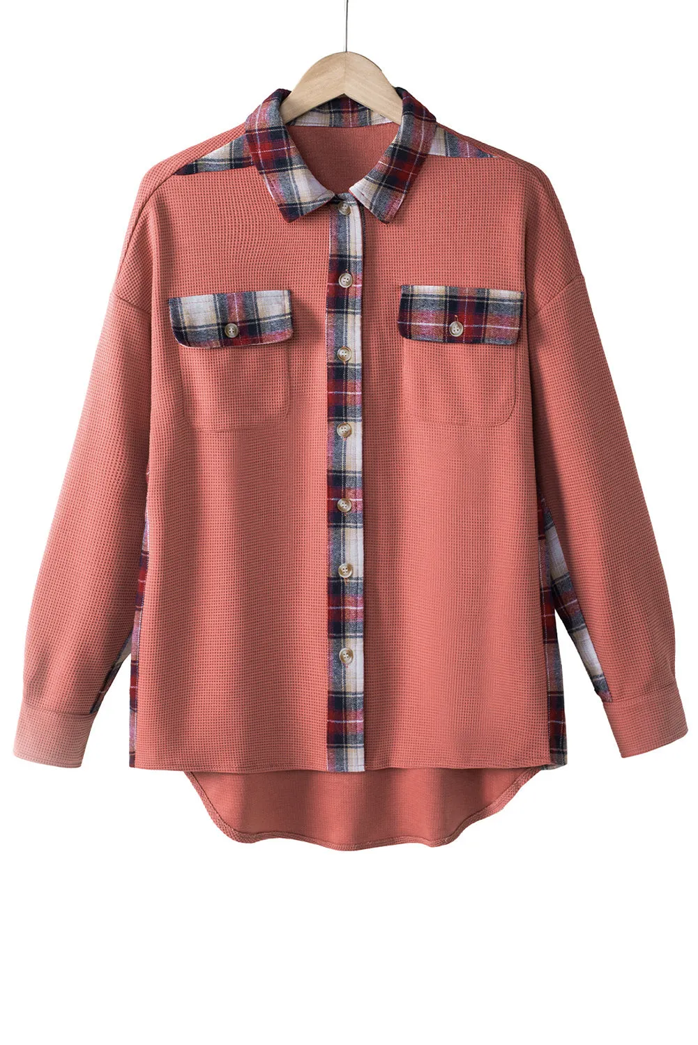 Women Waffle Knit Plaid Shacket Boyfriend Button Down Shirt Jacket