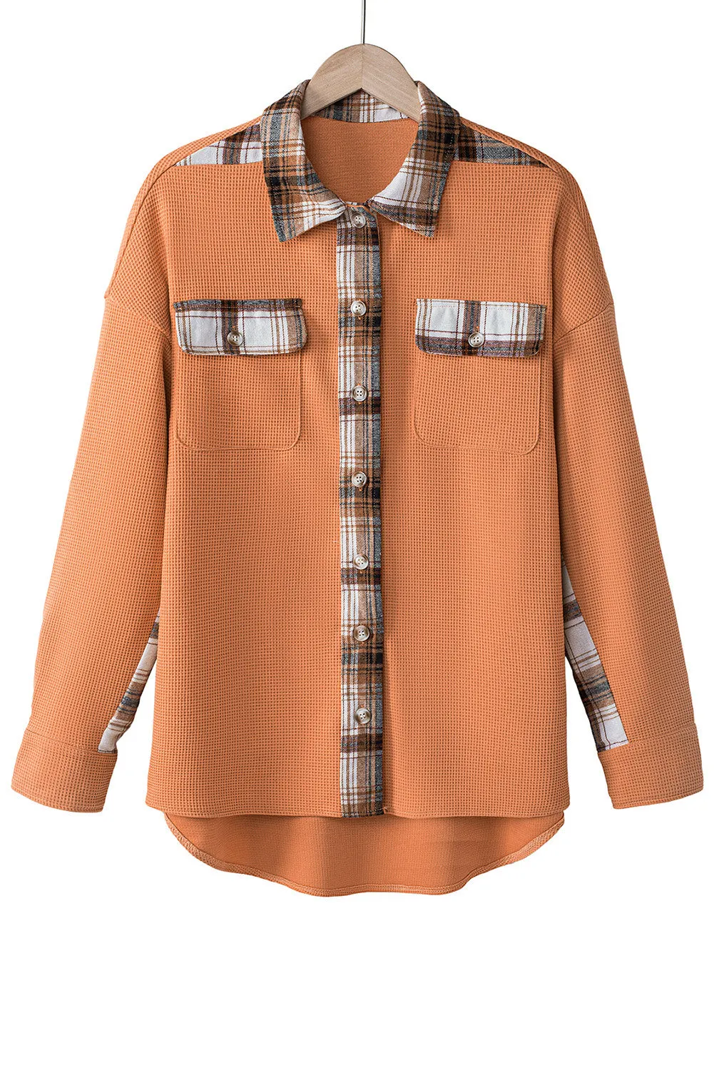 Women Waffle Knit Plaid Shacket Boyfriend Button Down Shirt Jacket