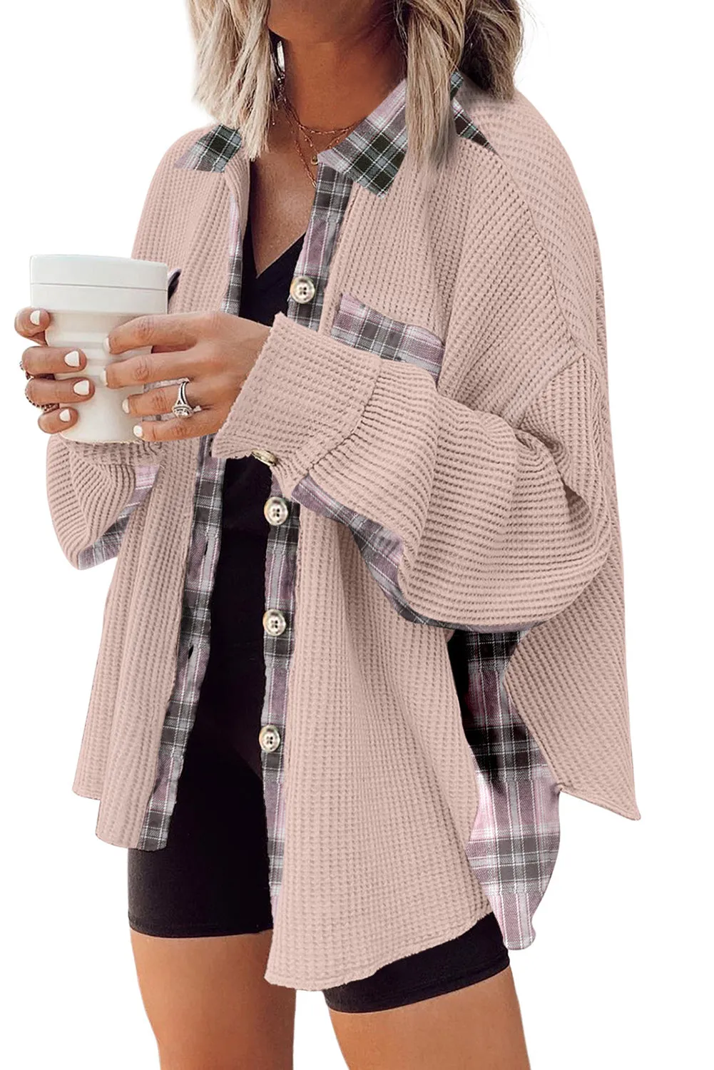 Women Waffle Knit Plaid Shacket Boyfriend Button Down Shirt Jacket