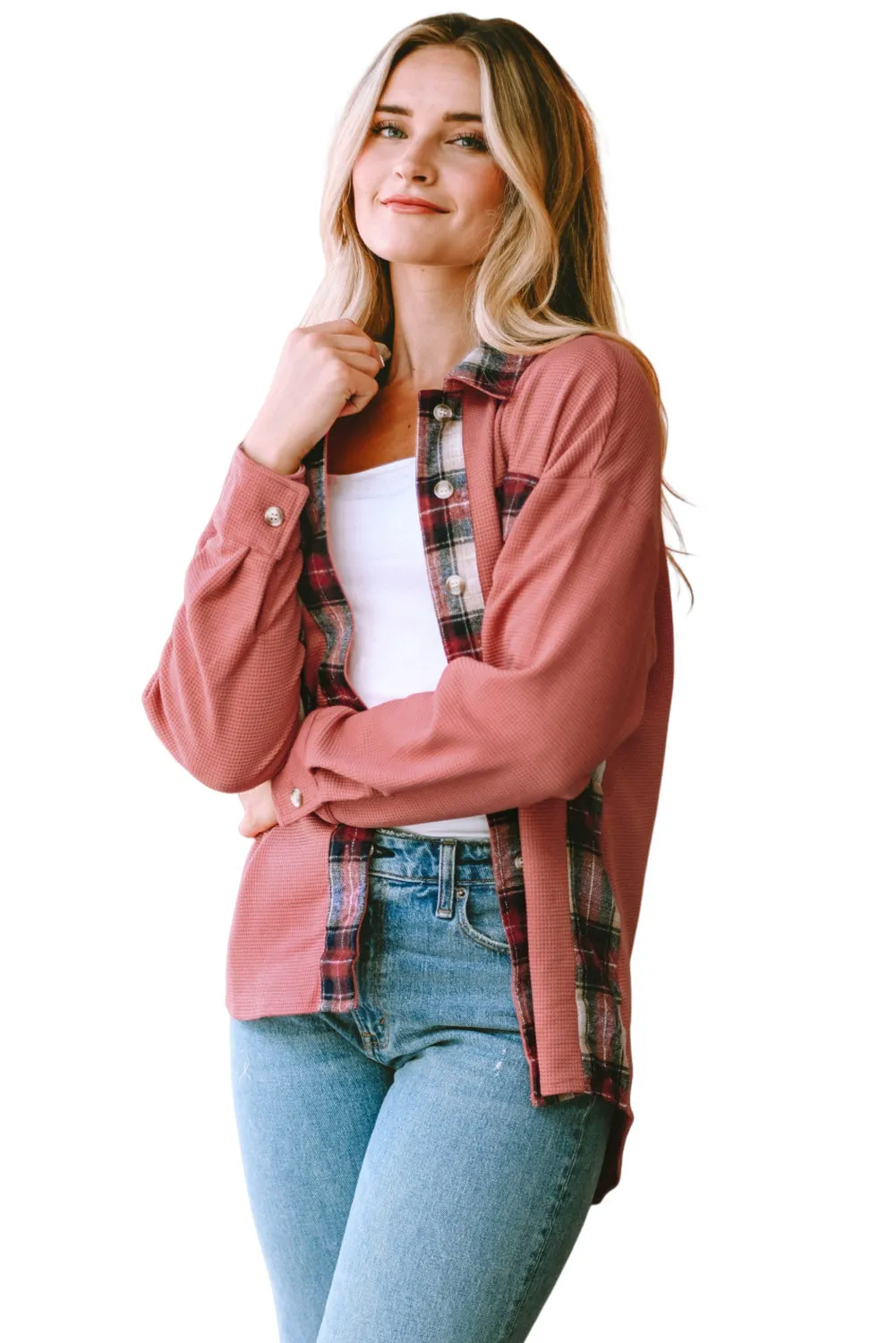 Women Waffle Knit Plaid Shacket Boyfriend Button Down Shirt Jacket