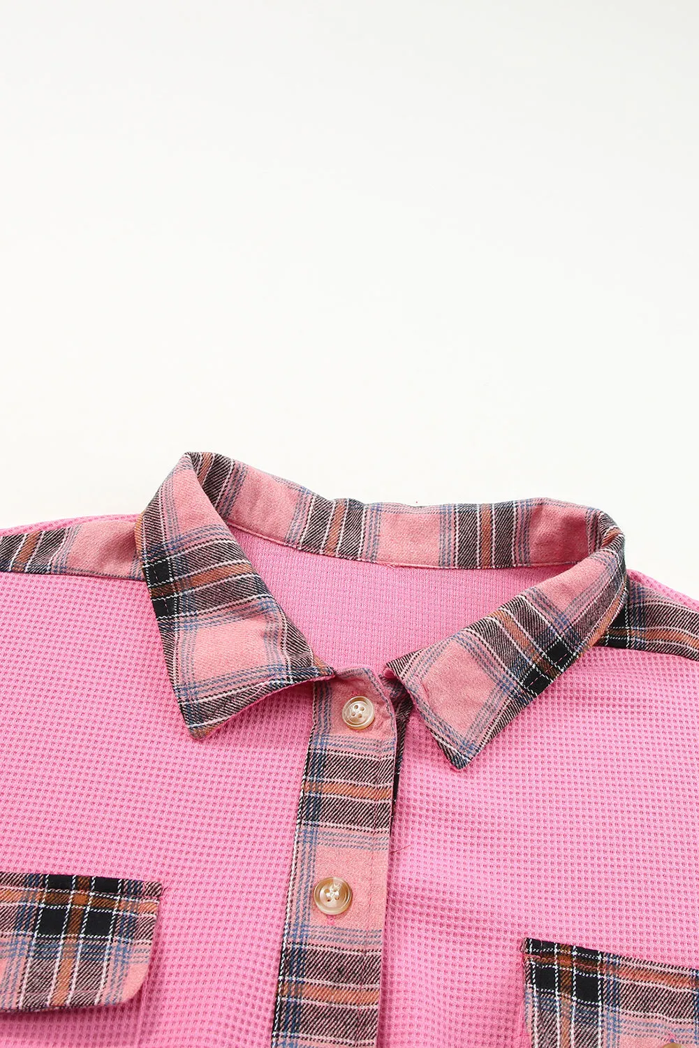 Women Waffle Knit Plaid Shacket Boyfriend Button Down Shirt Jacket