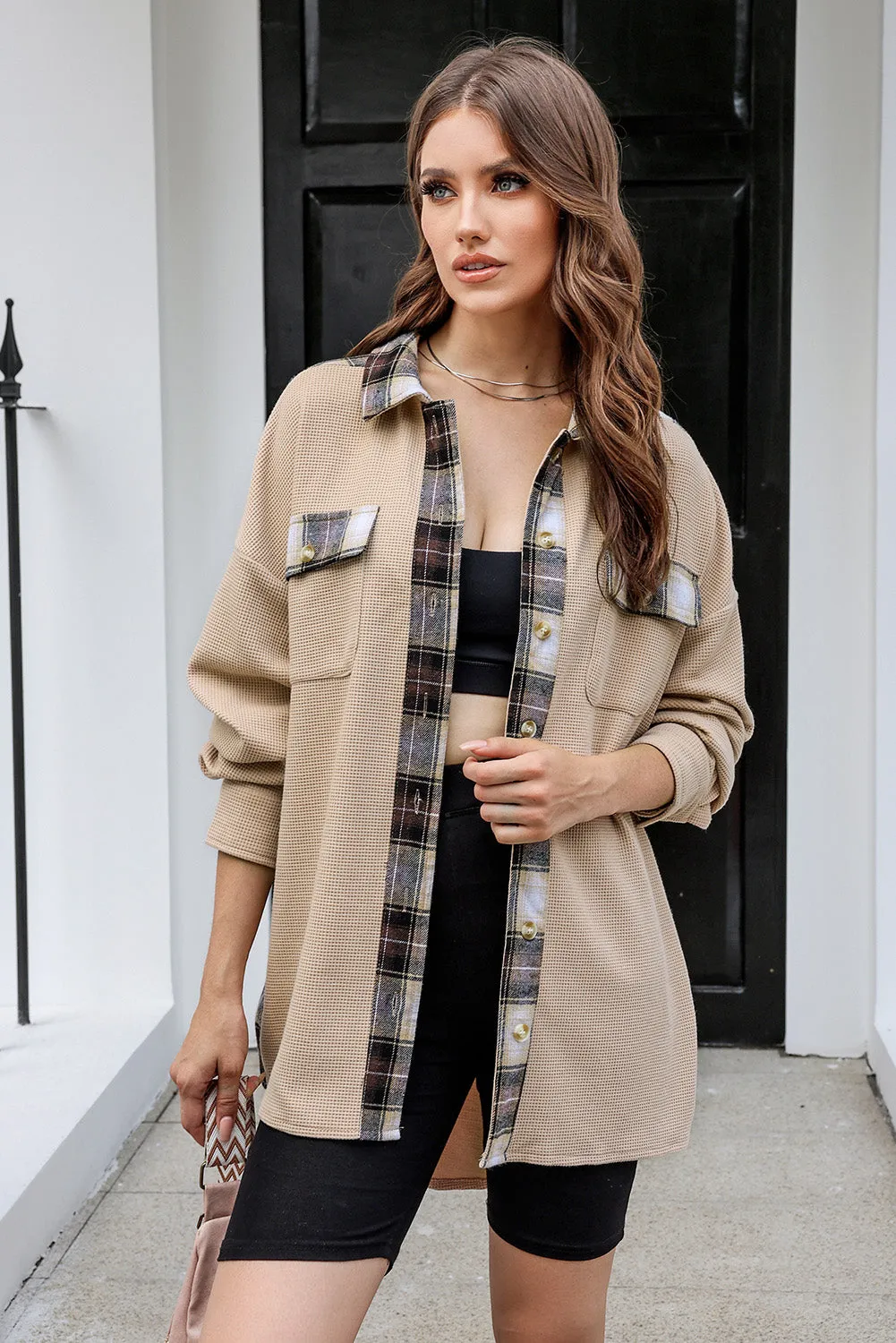 Women Waffle Knit Plaid Shacket Boyfriend Button Down Shirt Jacket