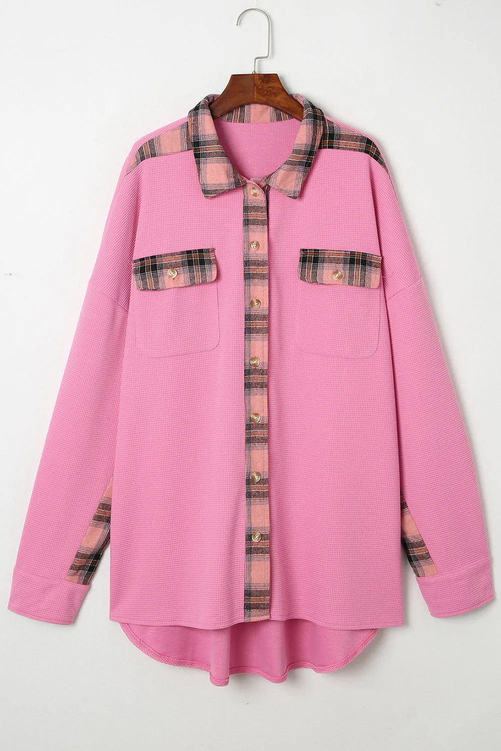 Women Waffle Knit Plaid Shacket Boyfriend Button Down Shirt Jacket