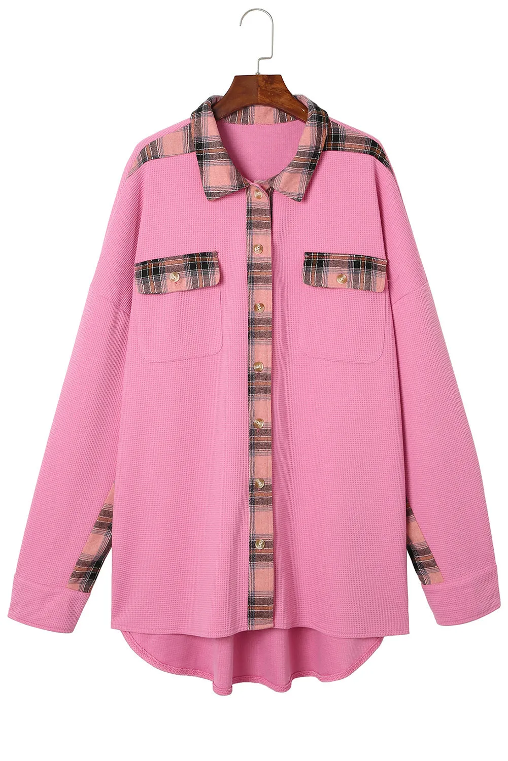 Women Waffle Knit Plaid Shacket Boyfriend Button Down Shirt Jacket