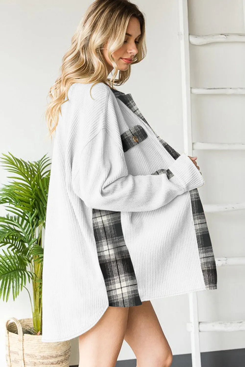 Women Waffle Knit Plaid Shacket Boyfriend Button Down Shirt Jacket