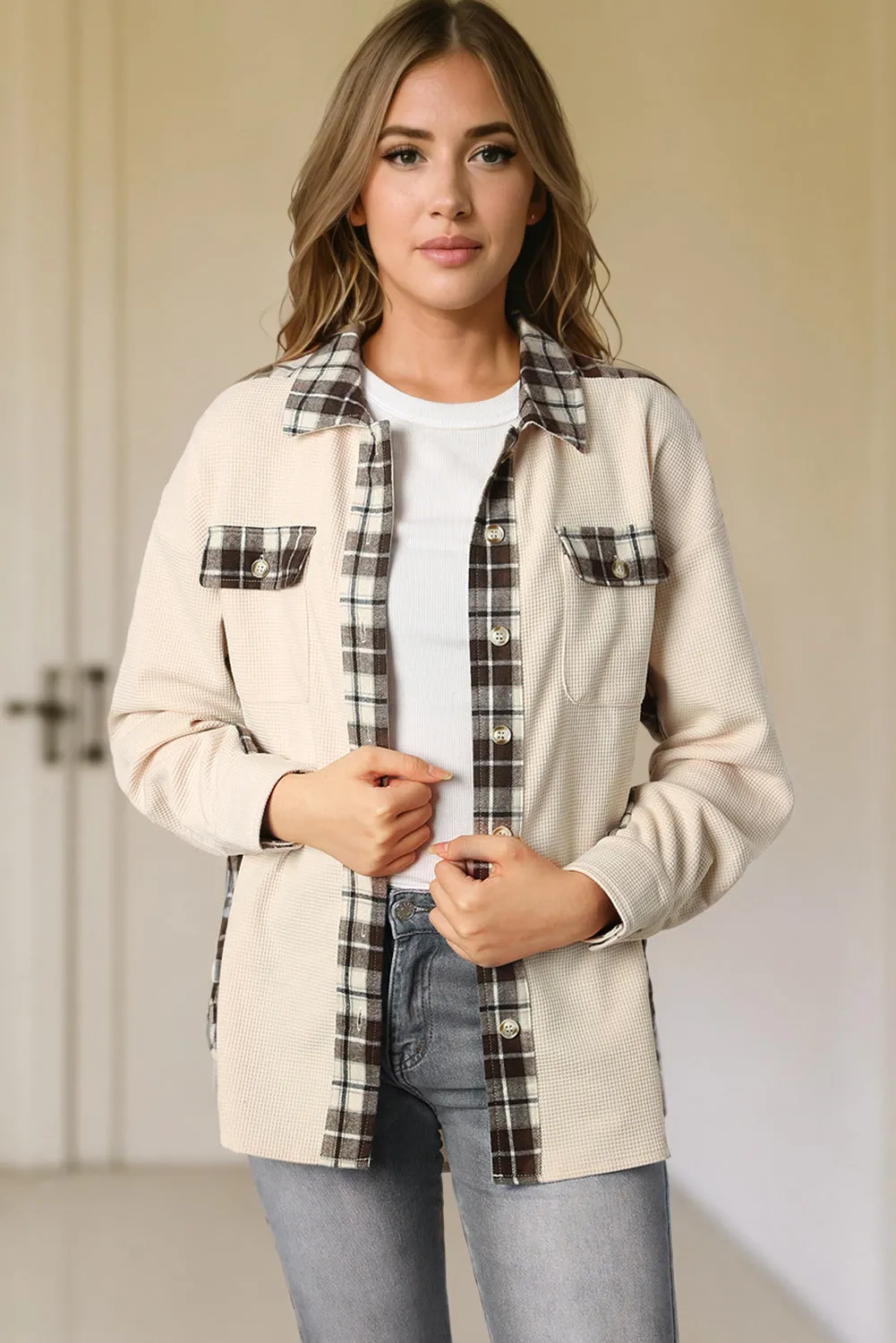 Women Waffle Knit Plaid Shacket Boyfriend Button Down Shirt Jacket