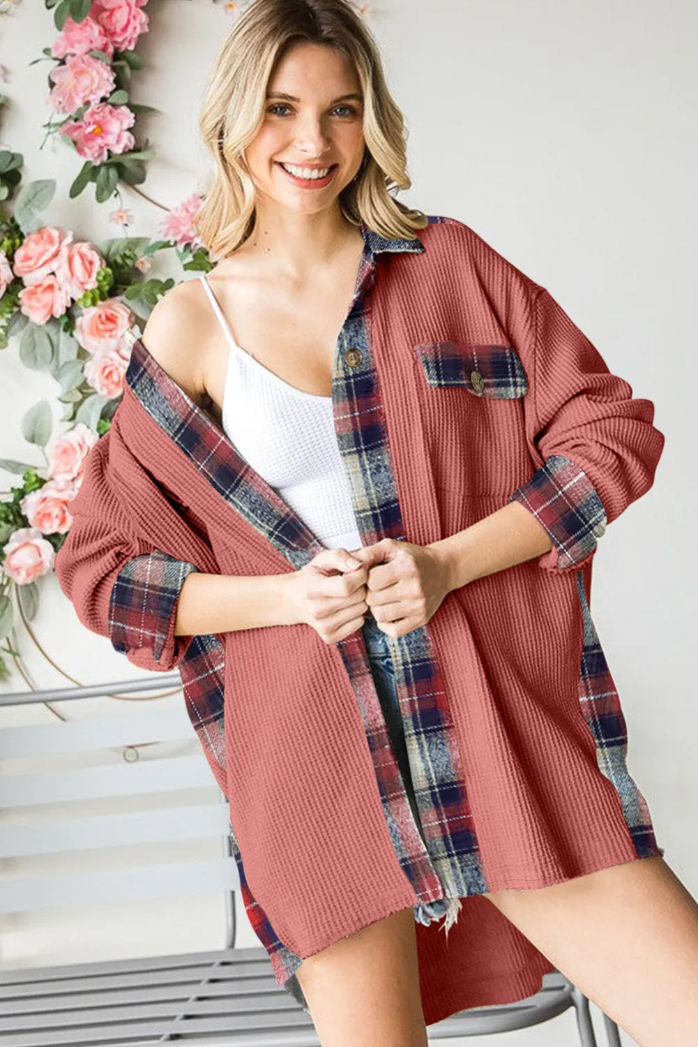 Women Waffle Knit Plaid Shacket Boyfriend Button Down Shirt Jacket