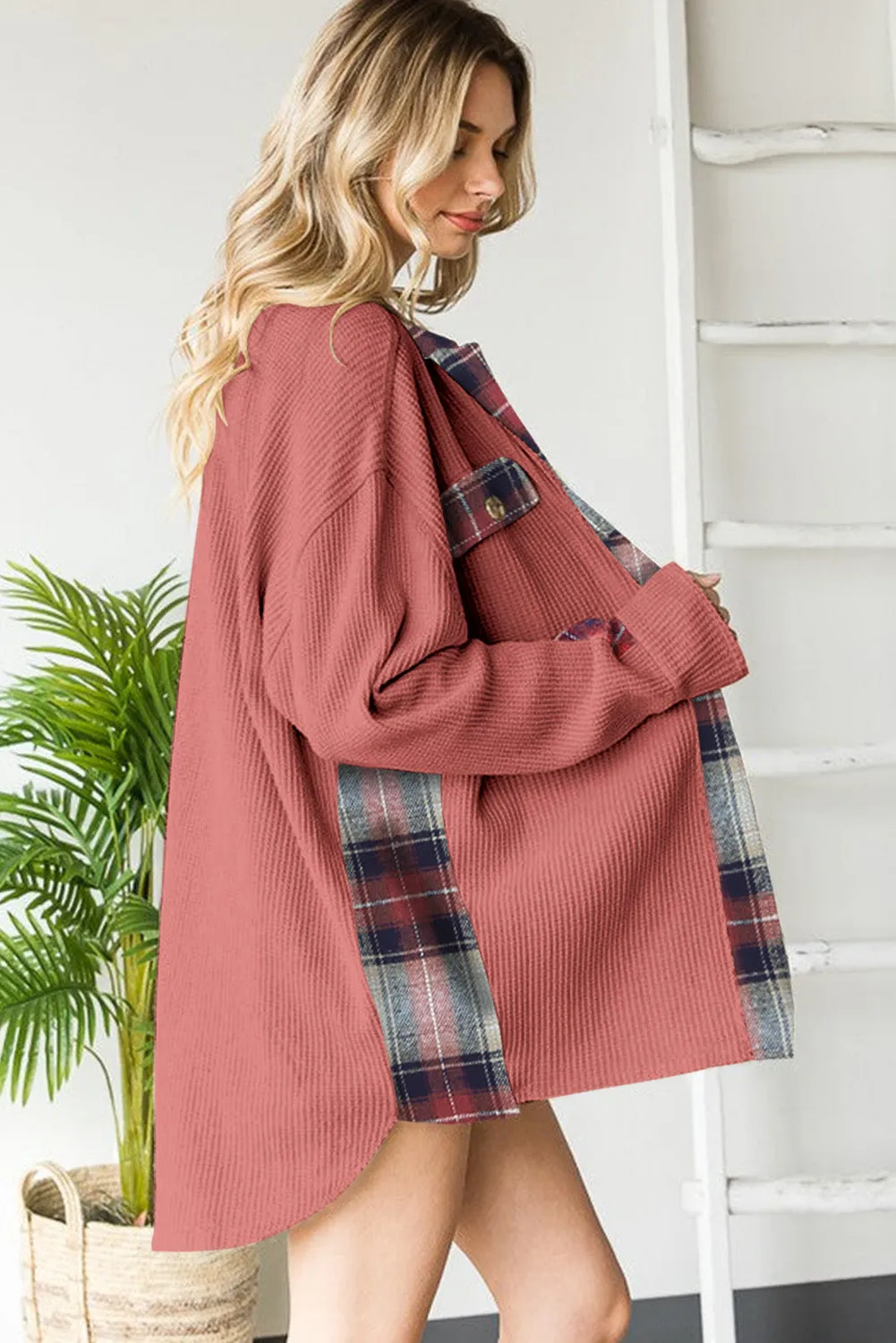 Women Waffle Knit Plaid Shacket Boyfriend Button Down Shirt Jacket