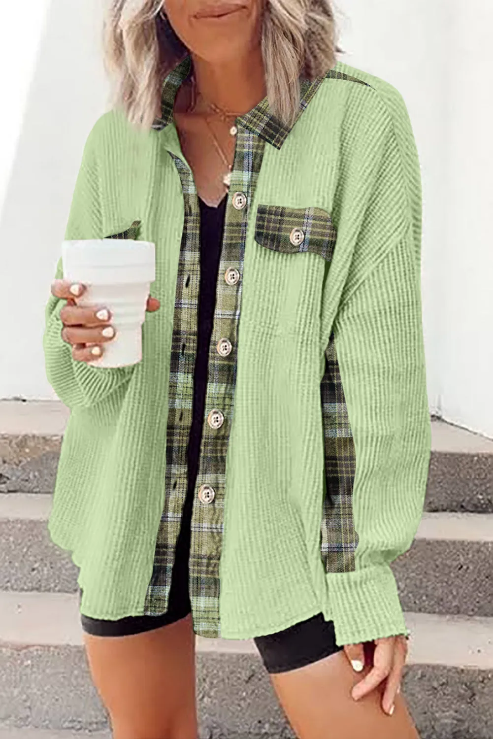 Women Waffle Knit Plaid Shacket Boyfriend Button Down Shirt Jacket