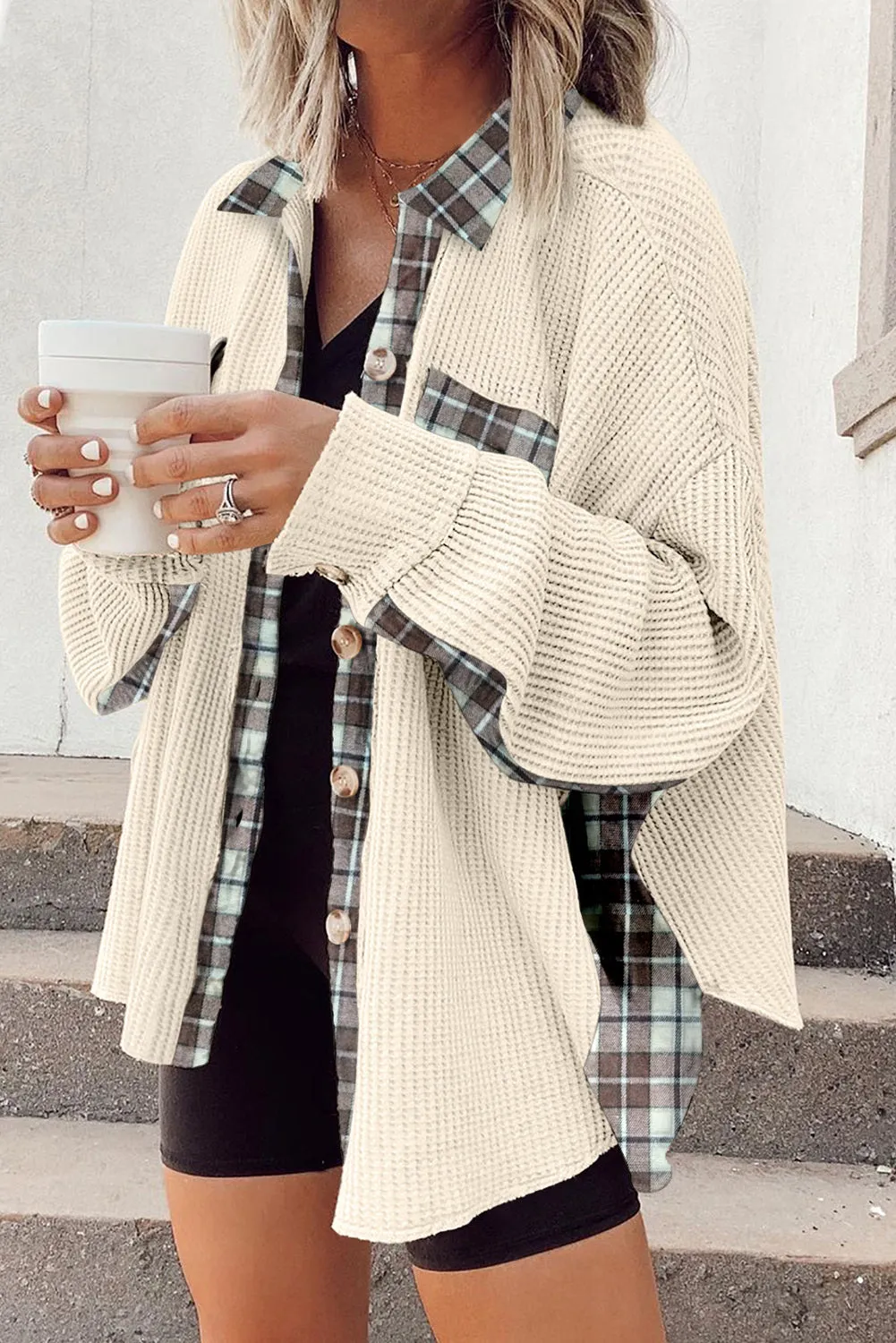 Women Waffle Knit Plaid Shacket Boyfriend Button Down Shirt Jacket