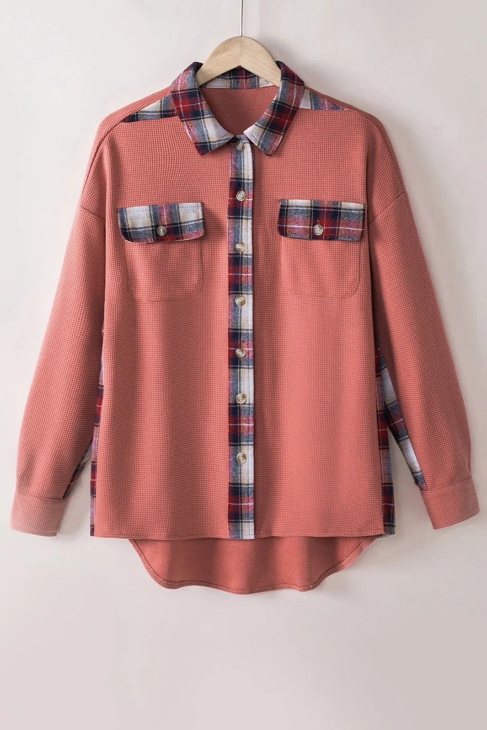 Women Waffle Knit Plaid Shacket Boyfriend Button Down Shirt Jacket