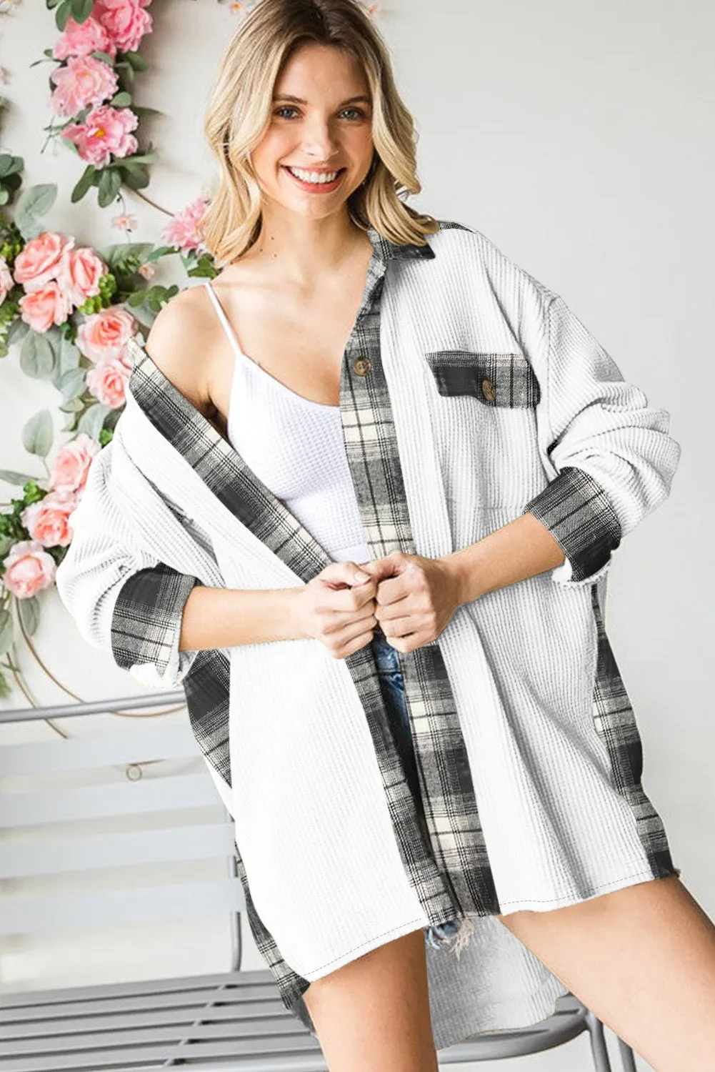 Women Waffle Knit Plaid Shacket Boyfriend Button Down Shirt Jacket