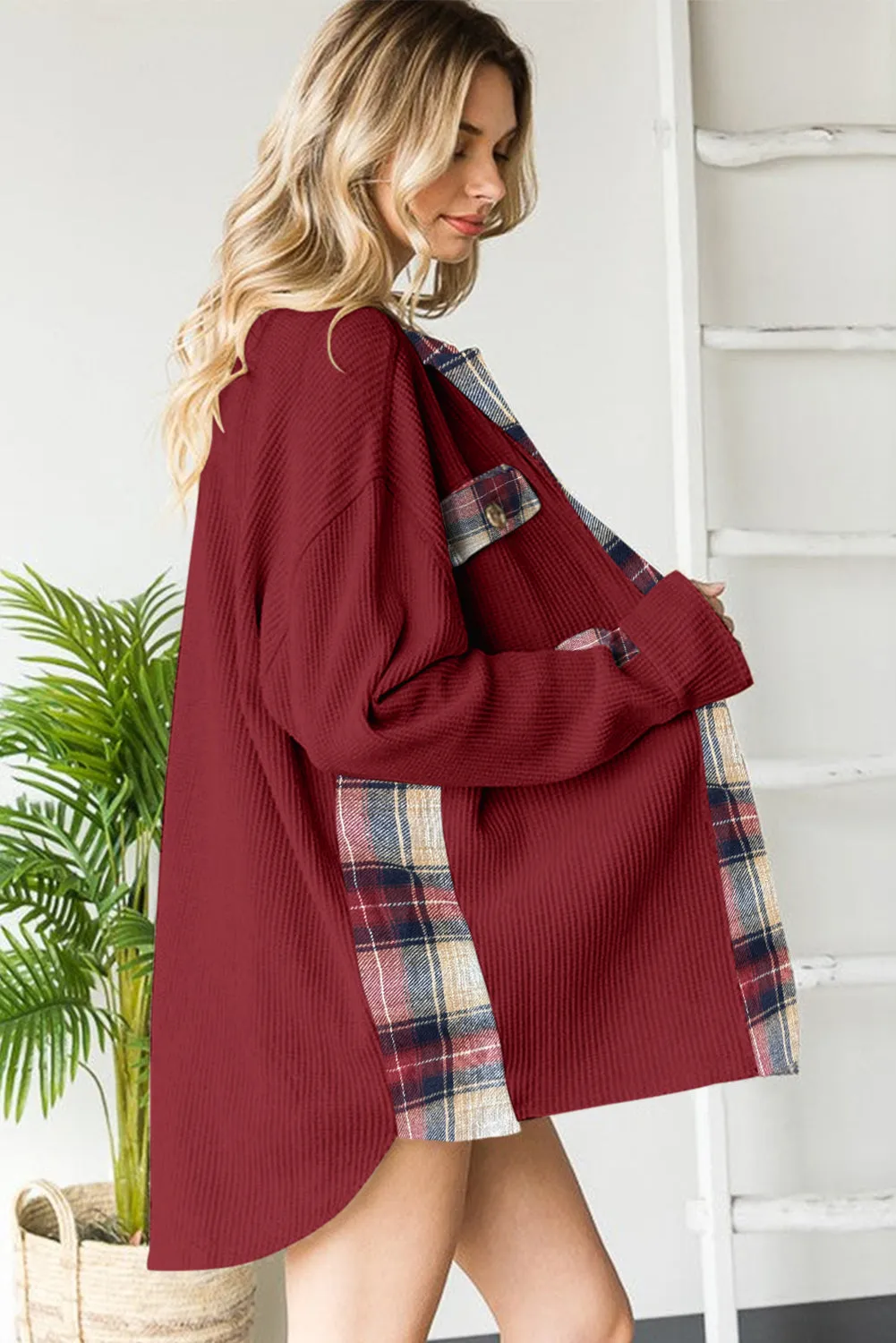 Women Waffle Knit Plaid Shacket Boyfriend Button Down Shirt Jacket