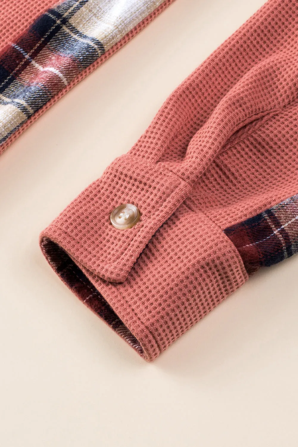 Women Waffle Knit Plaid Shacket Boyfriend Button Down Shirt Jacket