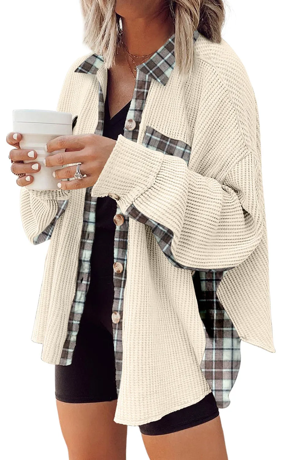 Women Waffle Knit Plaid Shacket Boyfriend Button Down Shirt Jacket