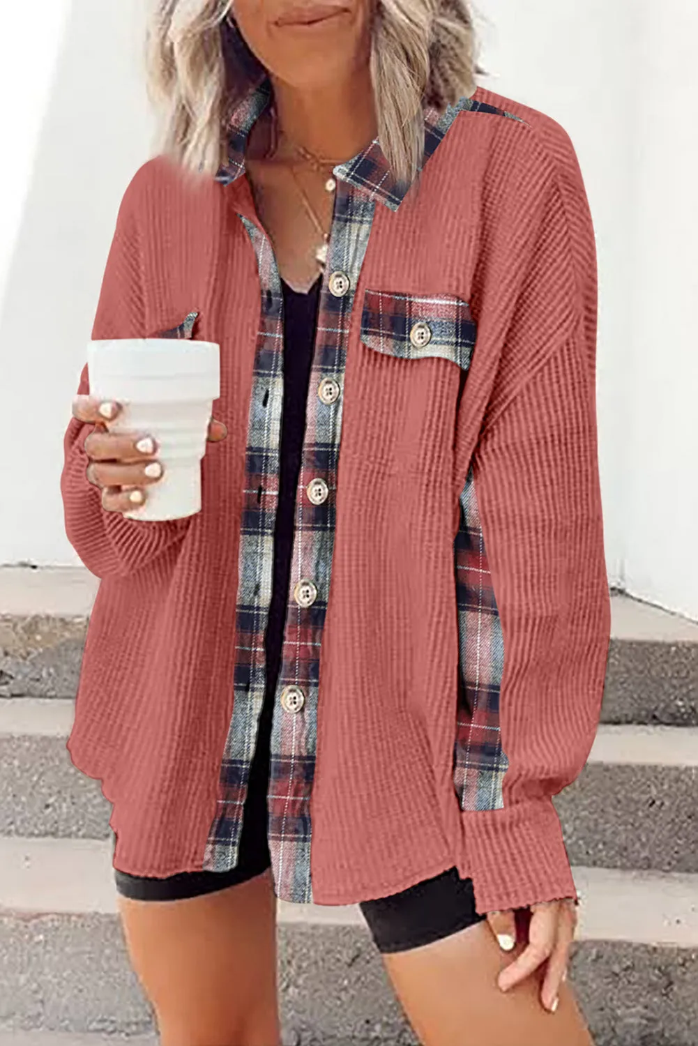 Women Waffle Knit Plaid Shacket Boyfriend Button Down Shirt Jacket