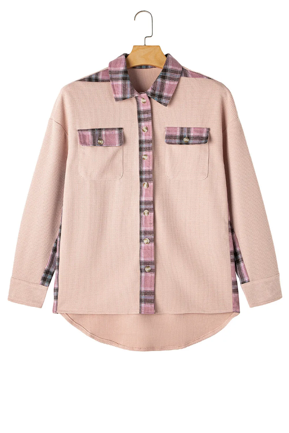 Women Waffle Knit Plaid Shacket Boyfriend Button Down Shirt Jacket