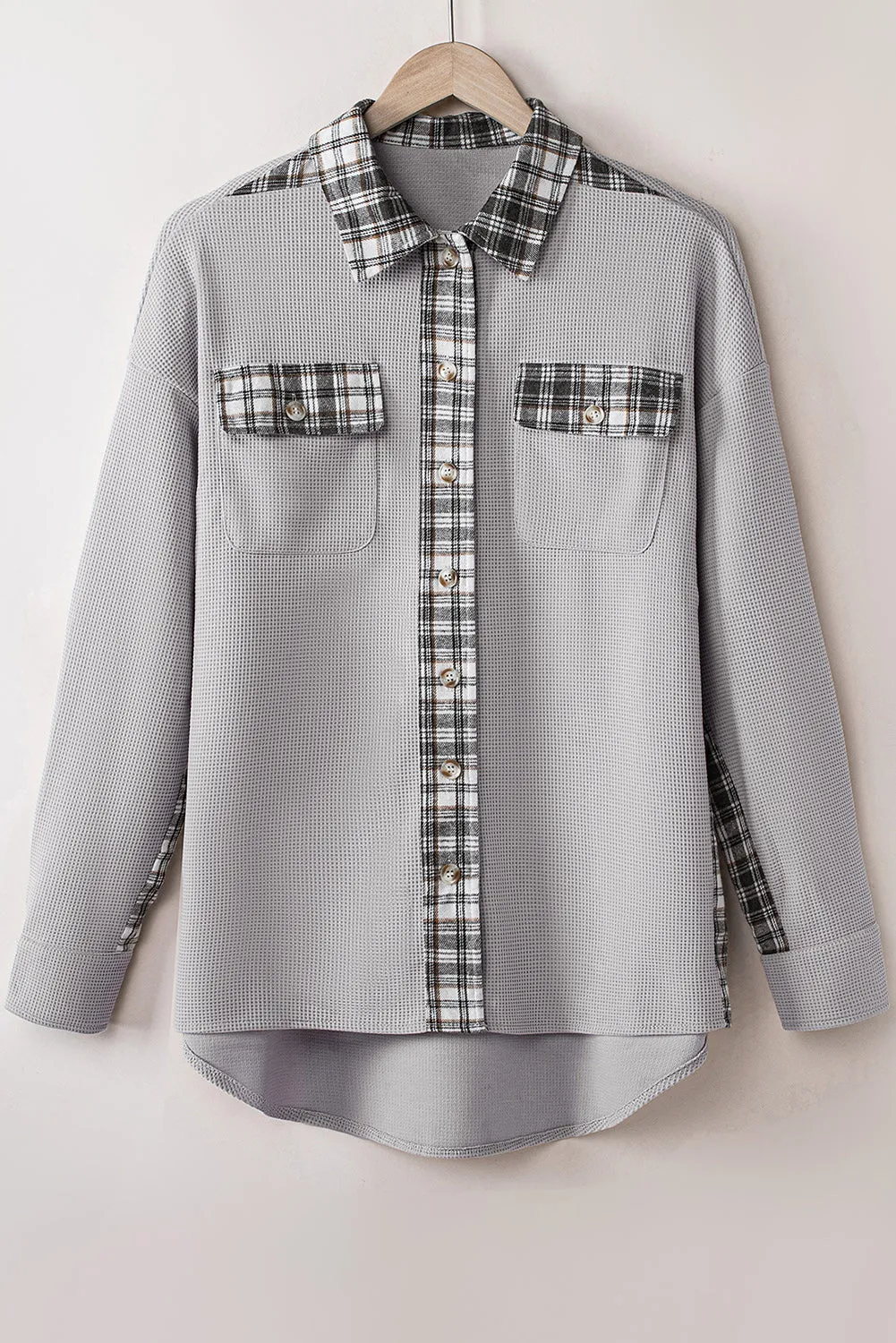 Women Waffle Knit Plaid Shacket Boyfriend Button Down Shirt Jacket