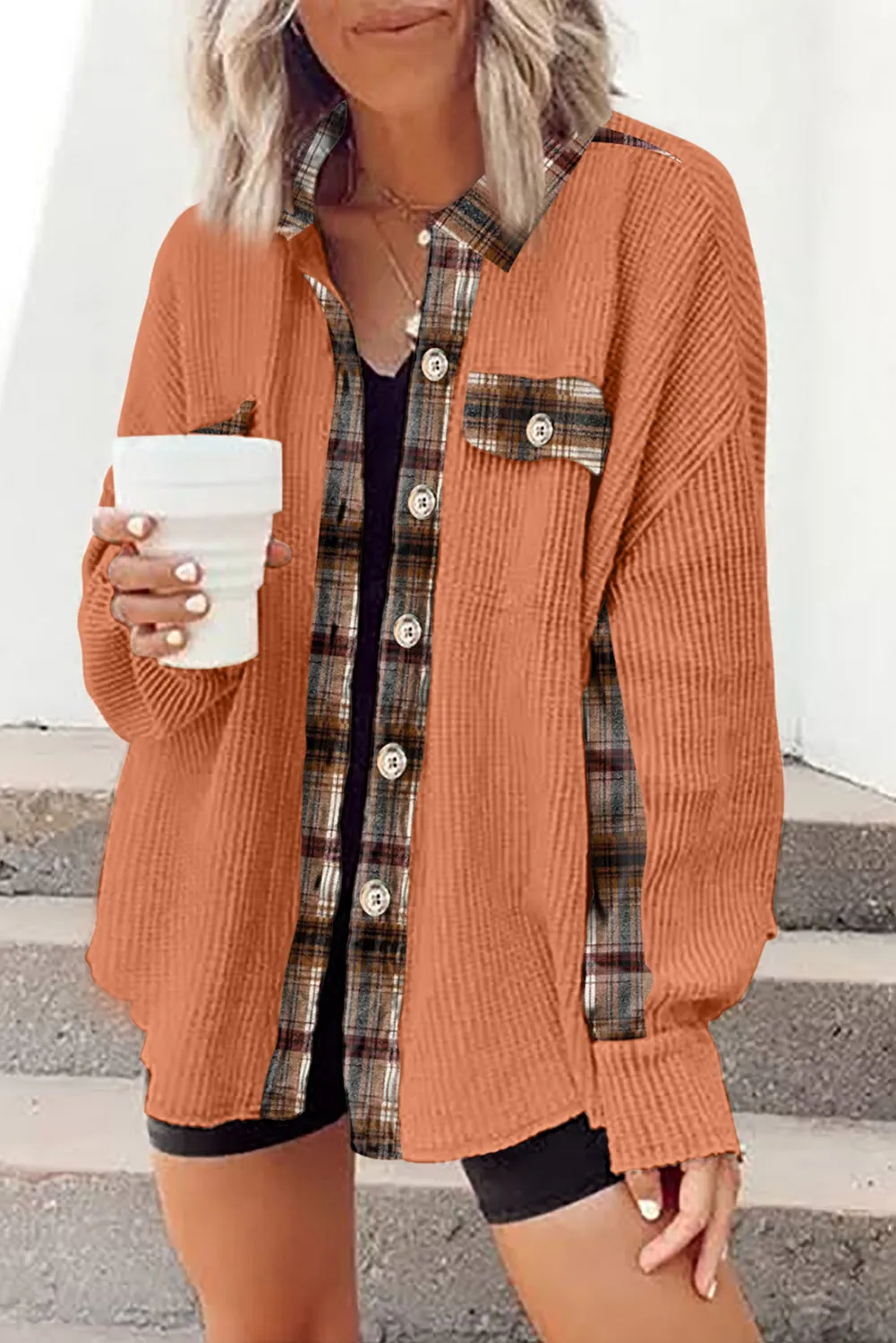 Women Waffle Knit Plaid Shacket Boyfriend Button Down Shirt Jacket