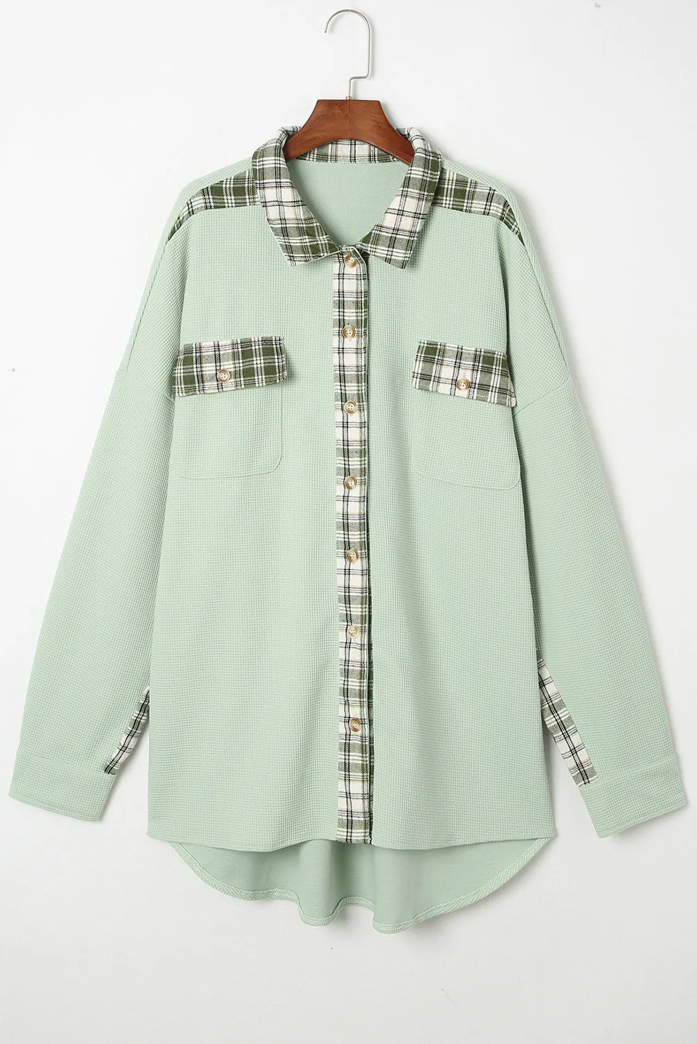 Women Waffle Knit Plaid Shacket Boyfriend Button Down Shirt Jacket