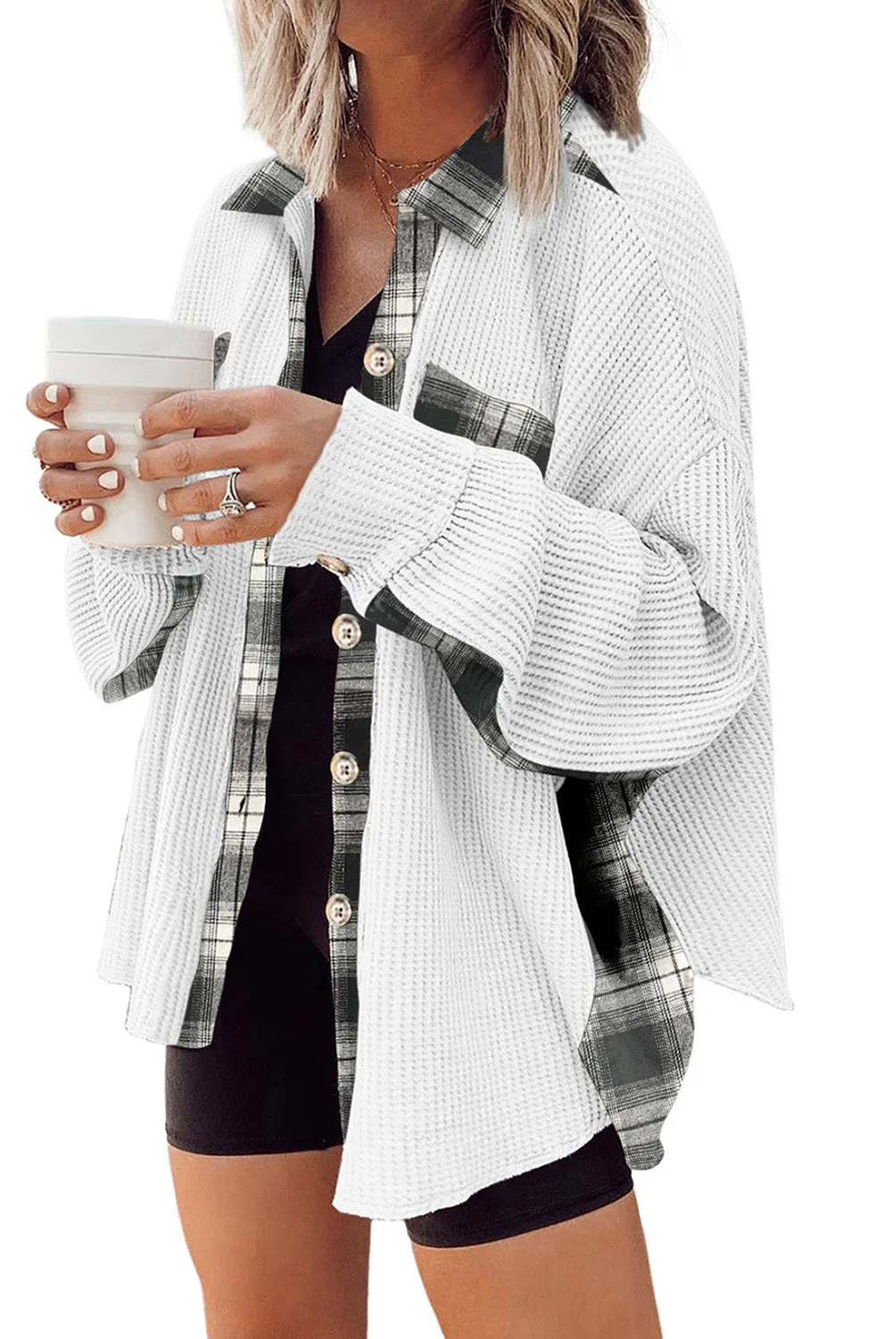 Women Waffle Knit Plaid Shacket Boyfriend Button Down Shirt Jacket