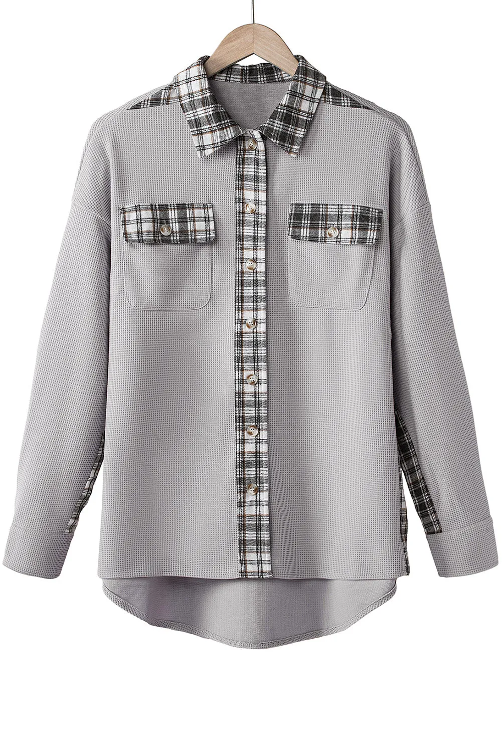 Women Waffle Knit Plaid Shacket Boyfriend Button Down Shirt Jacket