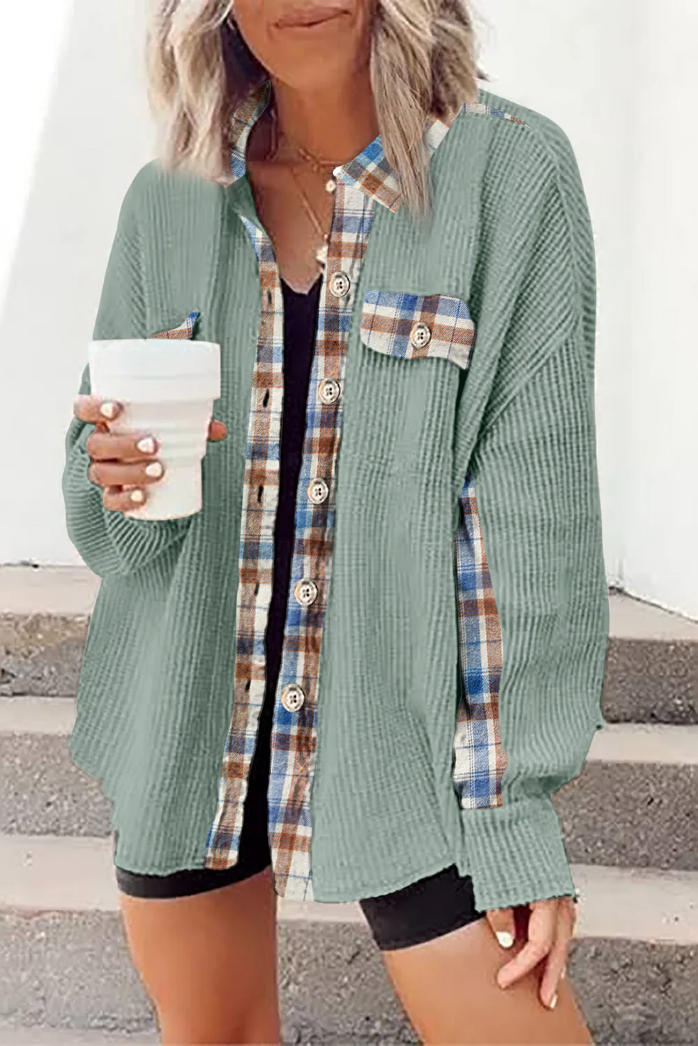 Women Waffle Knit Plaid Shacket Boyfriend Button Down Shirt Jacket