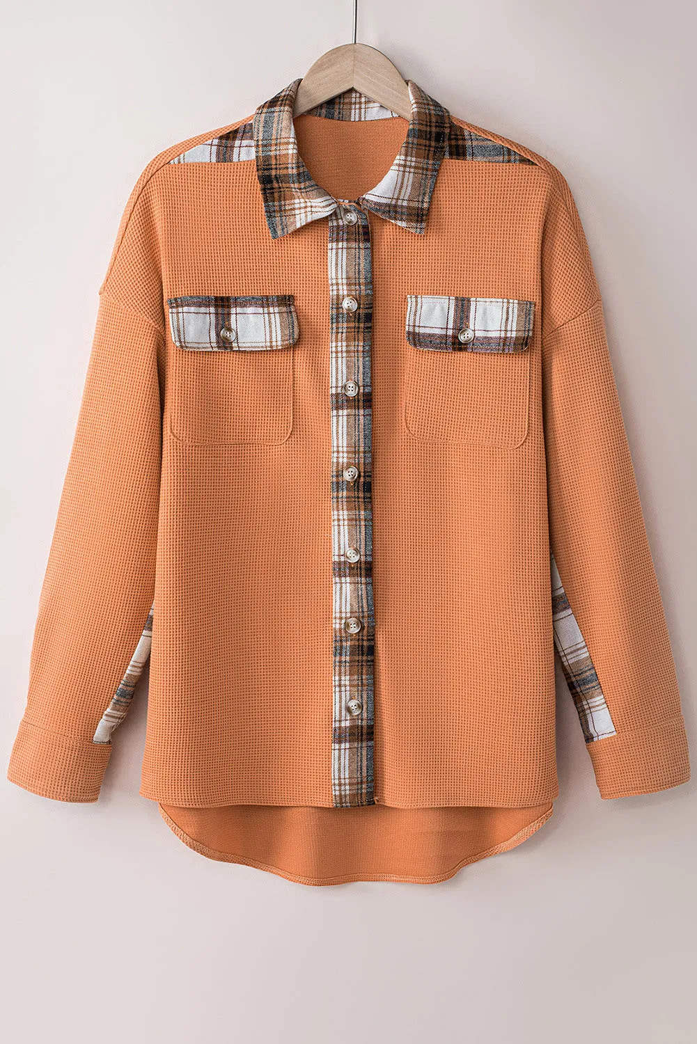 Women Waffle Knit Plaid Shacket Boyfriend Button Down Shirt Jacket