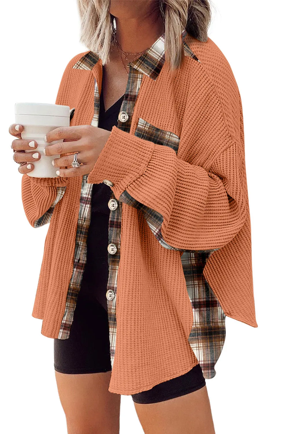 Women Waffle Knit Plaid Shacket Boyfriend Button Down Shirt Jacket